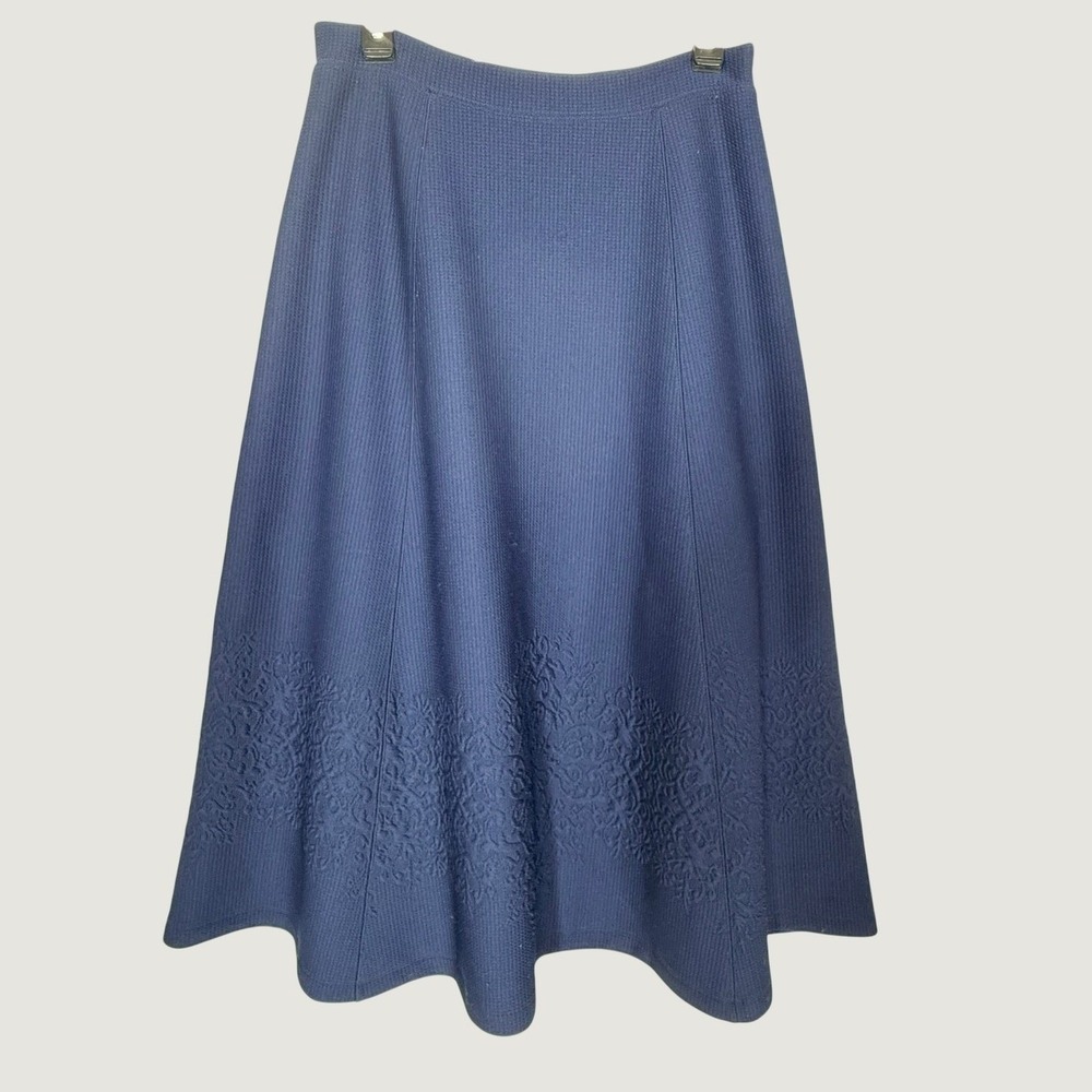 Maeve Maria Navy Blue Textured Knit A-Line Midi Skirt Raised Floral Hem S - Picture 2 of 7